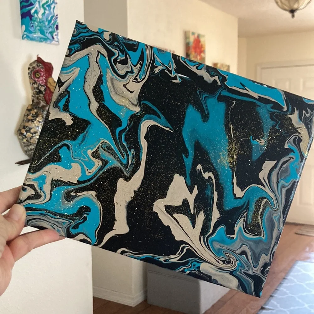 abstract Art NEW black tan teal and glitter wall decor made by me pour painting